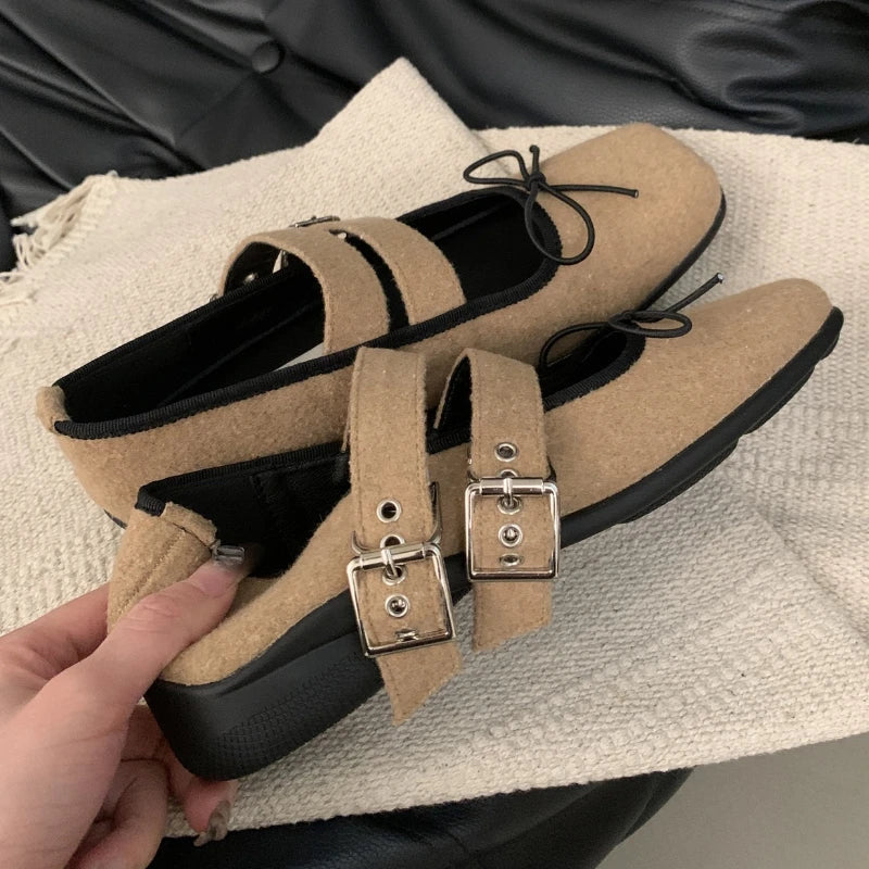 Simple Soft Bottom Buckle Flat Mary Jane Shoes Comfortable Bowknot Square Toe Shoes Backless Loafer Shoes