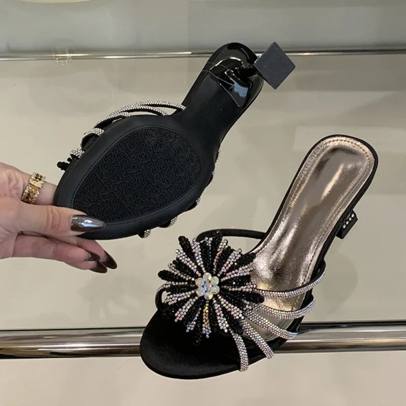 Gold Silver Crystal Gem Strange Low Heels Slippers Rhinestone Flowers Party Prom Shoes Mules Sandals