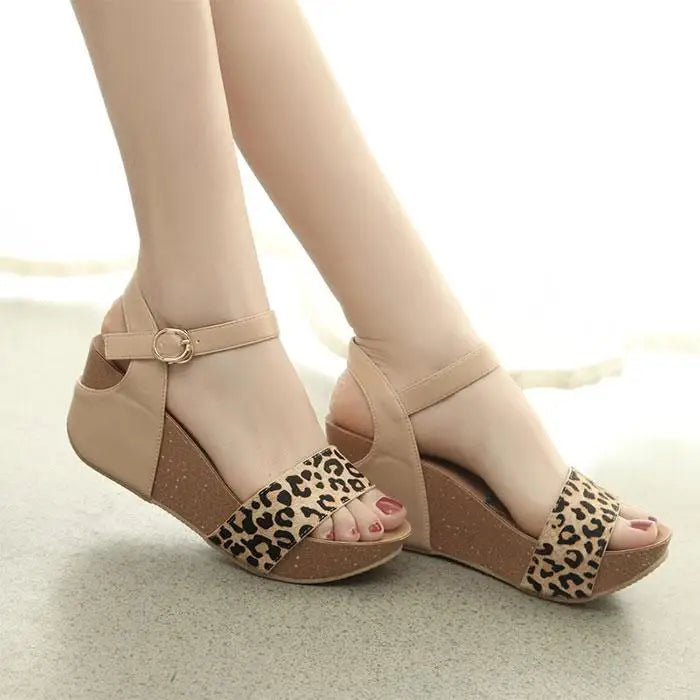 Genuine Horsehair High-heeled Thick-soled Leopard-print Roman Slope-heeled Sandals 32 33 Small Size Shoes