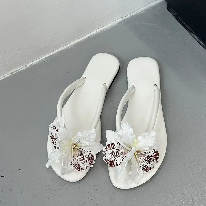 Pink Flower Flats Slippers Beach Round Toe Flip flops Flats Slippers Slides Sandals Shoes