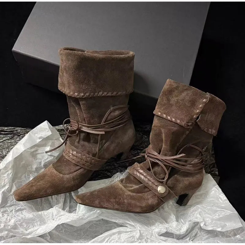 Faux Suede Weave Lace-up Motorcycle Boots High heels Chelsea Western Mid-Calf Short Booties Shoes