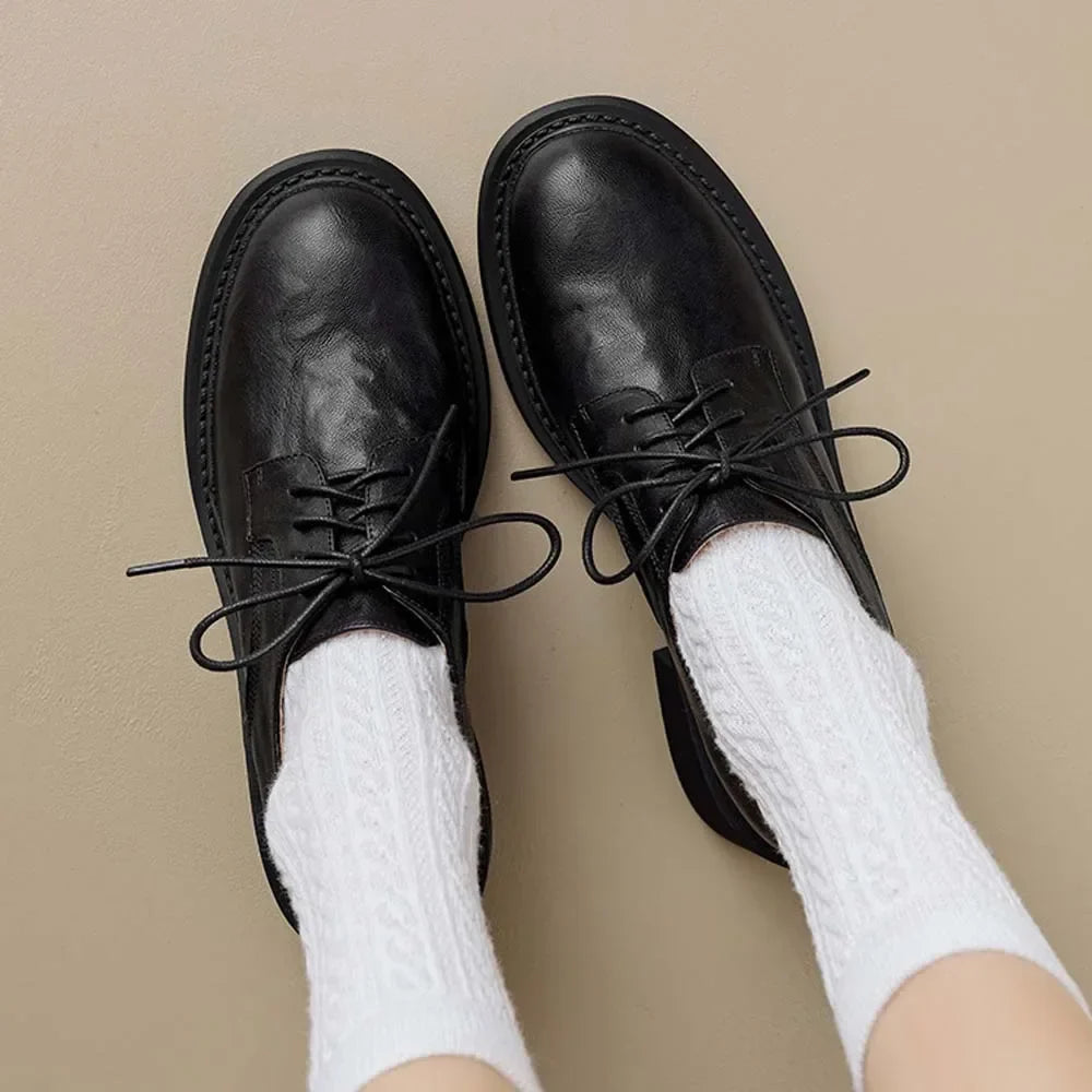 Womens Cowhide Lace Up Flat Shoes Oxford Round Toe Retro British High-Quality Soft Comfortable All Season Daily Shoes