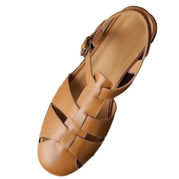 Sandals Low Thick Heel Genuine Leather Hook and Loop Back Strap Casual Sandals Solid Color Shoes