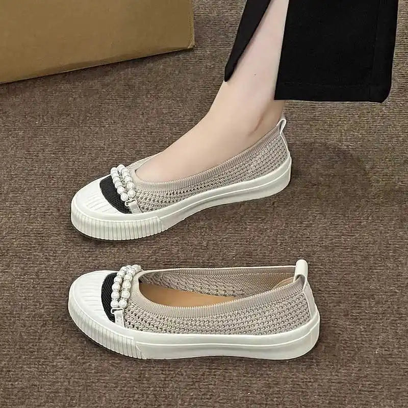 Shallow Mouth Round Head Single Shoes Woven Pearl Bow Thick Soled Low Comfort Loafer Shoe