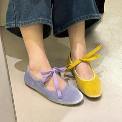 Bow Bandage Velvet Flats Shoes Elegant Round Toe Shallow Ballet Shoes Casual Streetwear Mary Janes