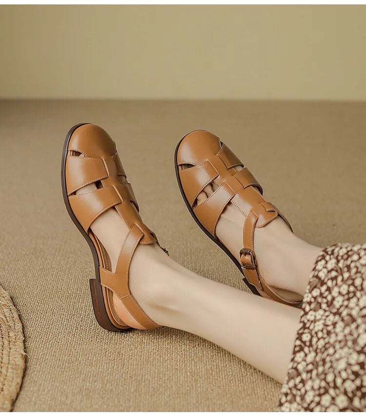 Sandals Low Thick Heel Genuine Leather Hook and Loop Back Strap Casual Sandals Solid Color Shoes