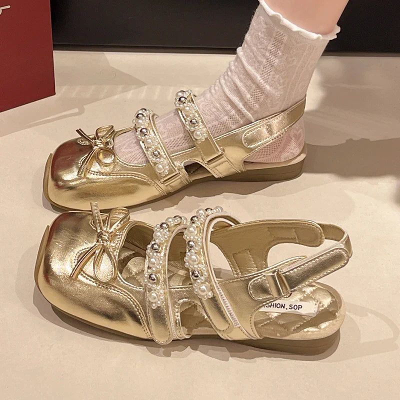 Pearl Bow Mary Jane Leather Shoes Flats Sandals Square Toe Slippers Lolita Mujer Zapatillas