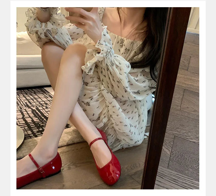 Shiny PU Leaather Flats Mary Janes Shoes Red Elegant Basic Pointed Toe Loafers Daily Casual Black Shoes