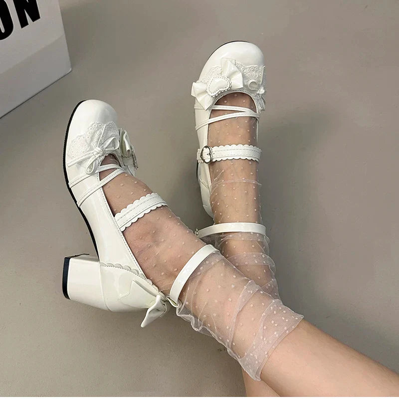 Butterfly-knot Lolita Mary Jane Shoes Elegant Round Toe Thick Heel Shoes Dress Pumps