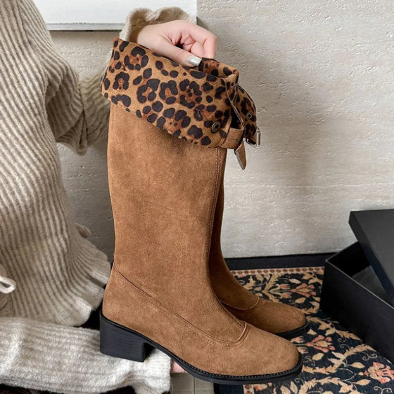 Thick Heels Woman Knight High Boots Square Toe Party Vintage Western Long Booties