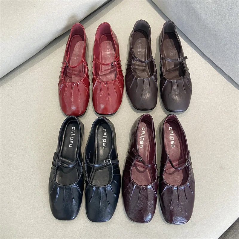 Pleated Mary Janes Flats Shoes Square Toe Pu Leather Comfortable Elegant Red Shoes Shallow Black Ballet Flats