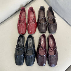 Pleated Mary Janes Flats Shoes Square Toe Pu Leather Comfortable Elegant Red Shoes Shallow Black Ballet Flats