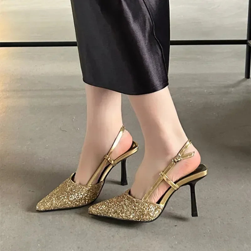 Bling Design Mules Sandals Pointed Toe Thin High Heels Back Strap Banquet Pums