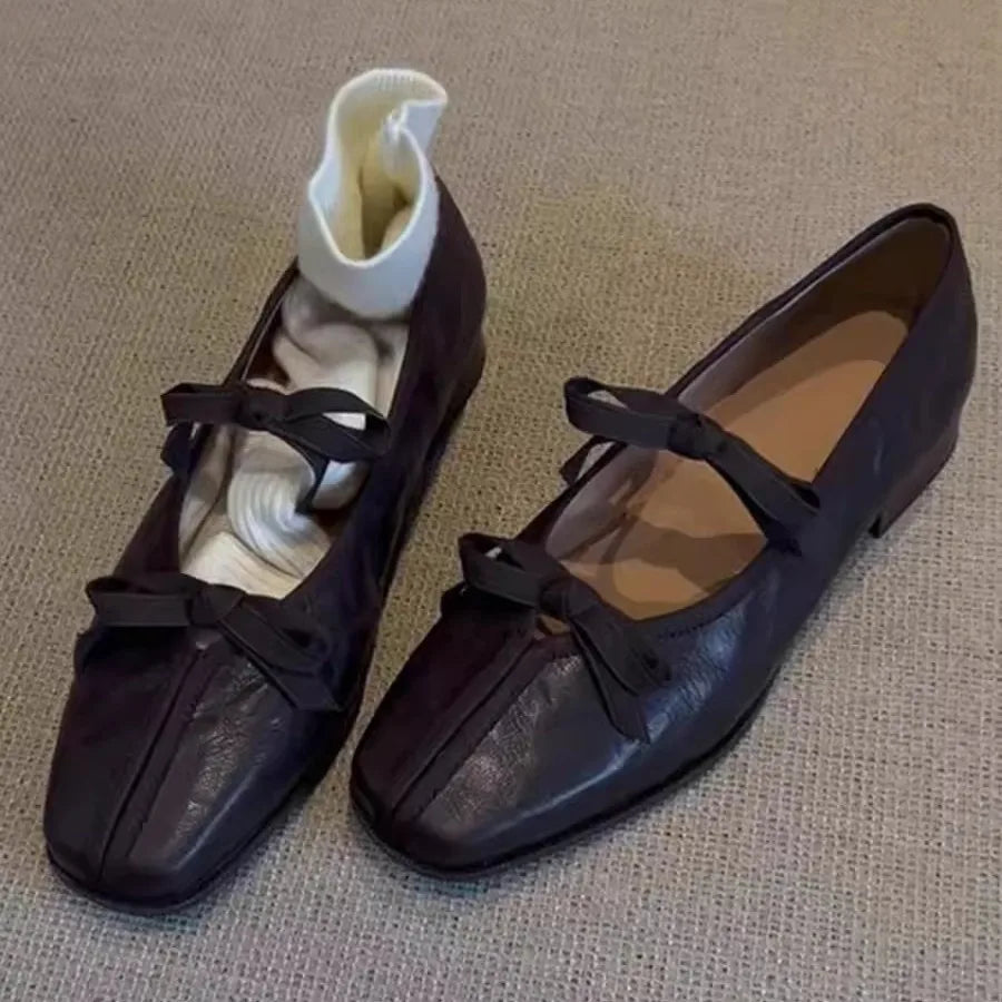 Genuine Leather Bow Decorated Ballet Shoes Mary Jane Style Flat Shoes Outdoor Casual Shallow Mouth Loafers Shoes Fashion
