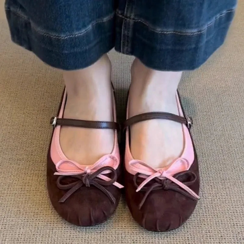 Sweet Bowknot Decoration Ballet Flats Round Toe Suede Patchwork Mary Jane Shoes Comfortable Soft Sole