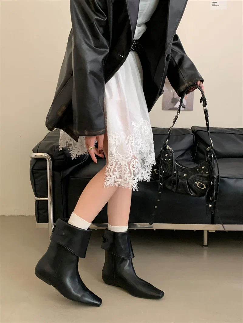 Black Boots Round Toe Chunky Heels Fall Shoes Belt Buckle Cowboy Boots
