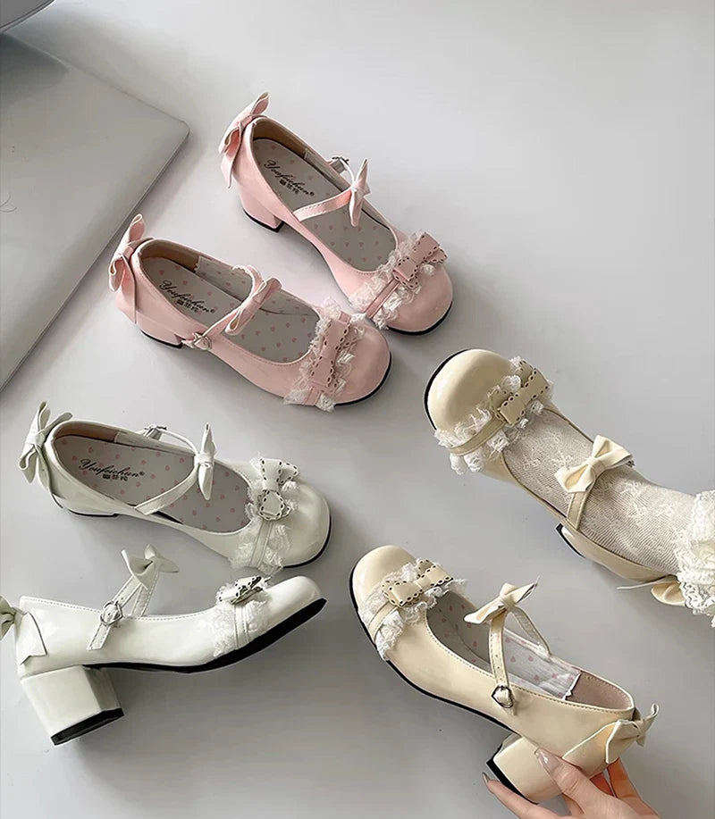 Cute Lace JK Mary Jane Shoes Butterfly-knot Leather Shoes Outdoor Party Dress Pumps