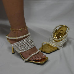 Brand Desigh Gold String Bead Pearl Wrap Slip On Thin Heels Party Elegant Bride Wedding