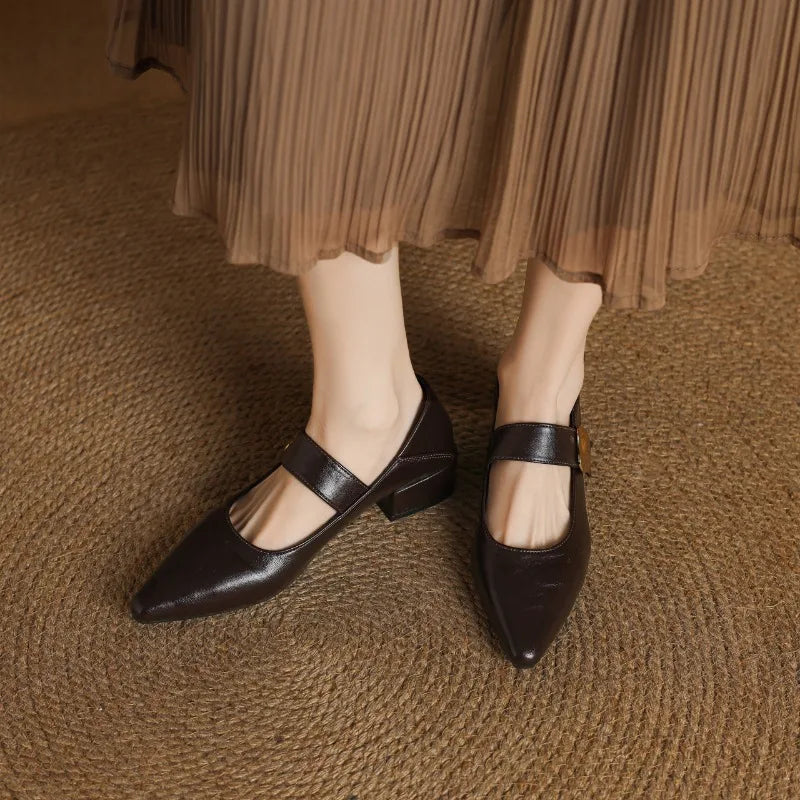 French thick-heeled magic sticker shallow shoes pointed and versatile non-slip small leather shoes