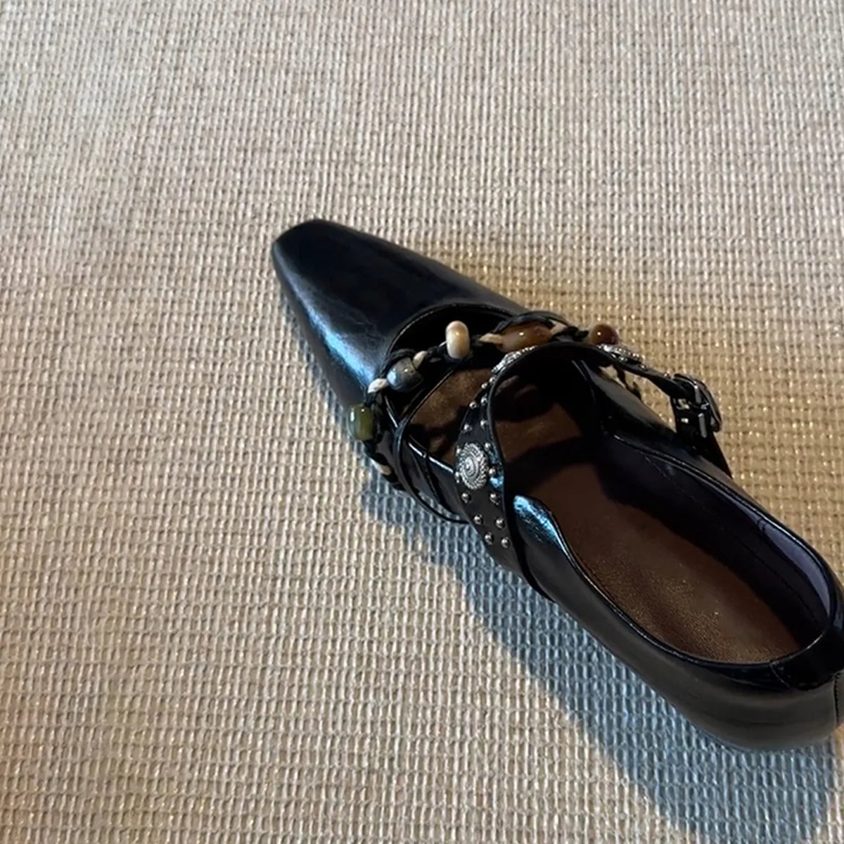 Genuine Leather Flat Shoes Square Toe Mary Jane Style Shoes Bead Decoration Comfortable Loafers Shoes