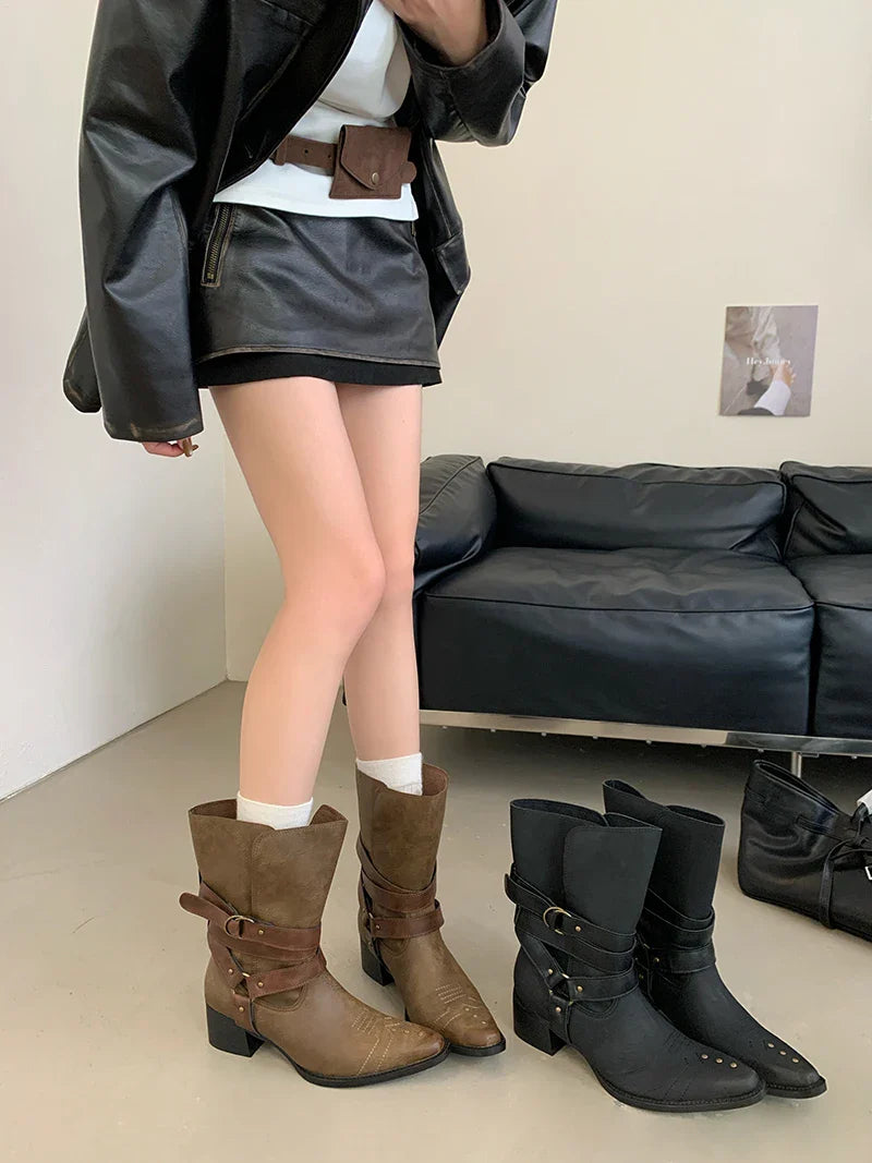 Black Chunky Heels Ankle Boots Woman Pointed Toe Rivet Fall Shoes Belt Buckle Western Style Cowboy Boots Zapatos Mujer