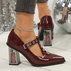 Punk Elegant Pointed Toe High Heels Pumps Trendy Thick Rose Heeled Woman Y2K T-Strap Mary Jane Shoes
