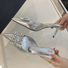 Crystal Thin Heels Mules Slippers Elegant Pointed Toe Banquet Party Prom Shoes