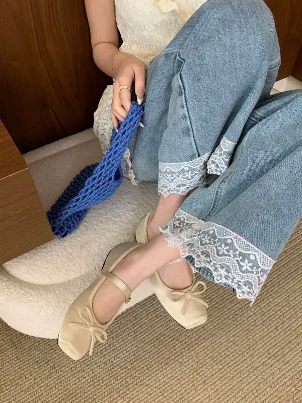 Woman Shallow Mouth Grandma Soft Bow-Knot Square Toe Elegant Ballet Dress Butterfly