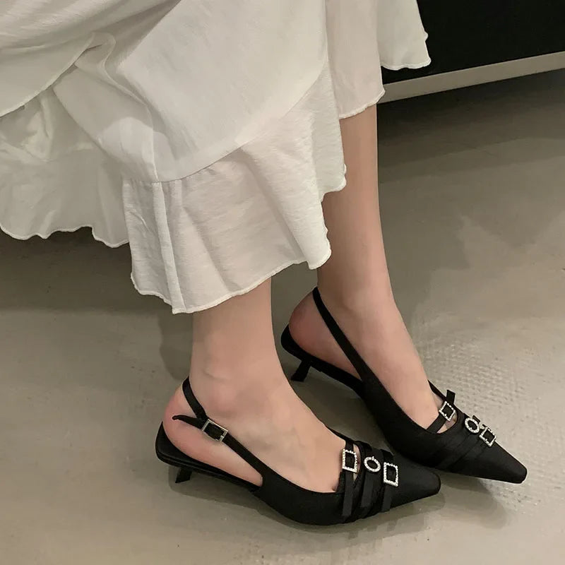 Silk Medium Heels Pumps Shoes Pointed Toe Footwear Shallow Thin Heels Sandals Shoes