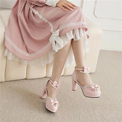 Ankle Strap Two-Piece Lolita Pump Round Toe Platform Kawaii Thick High Heel Bow Buckle Bead Cosplay Shoes Autumn