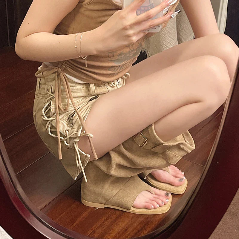 Internal Elevation Knee High Boots Retro Style Clip Toe Shoes Causal Slip On Sandalias Booties