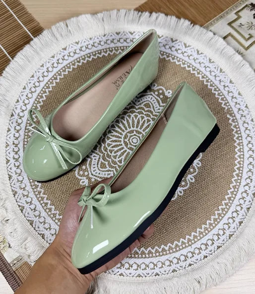 Round Toe Ballet Flats Spongy Bottom Hot Italian Shoes Patent Leather Classic Bow-Knot Dressing Slip-On 34 48 47
