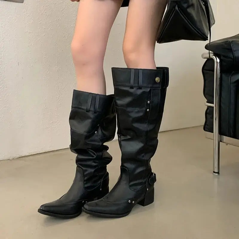 Black Boot Knee High Long Shoes Woman Pointed Toe Chunky Heels White Boots Belt Buckle Rivet Wide-Leg Shoe