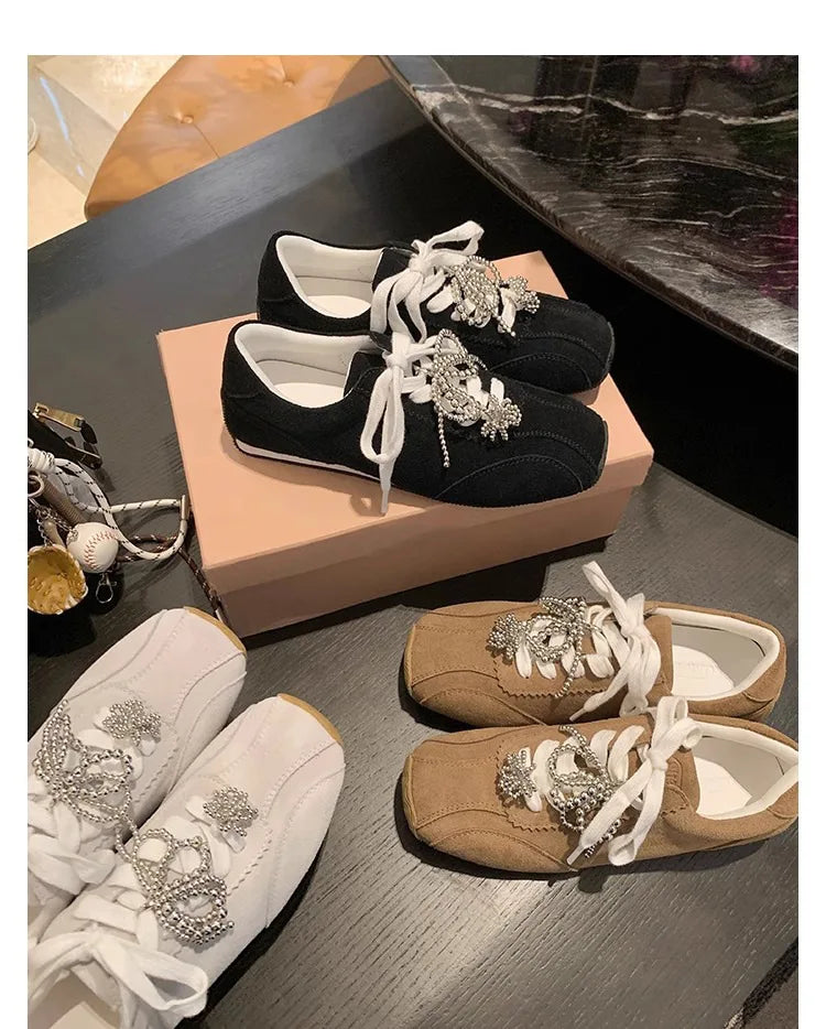 Brand High Quality Zapatillas De Mujer Retro Square Head Pearl Bow Casual Training Shoes Shoes Hot Selling