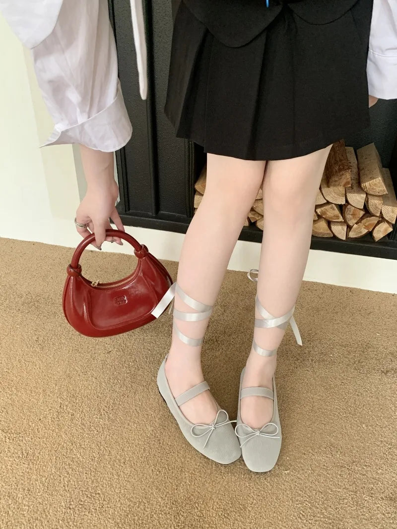 Sweet Butterfly Knot Stripe Design Mary Jane Shoes Comfortable Suede Elastic Band Casual Flats Elegant Brand Shoe