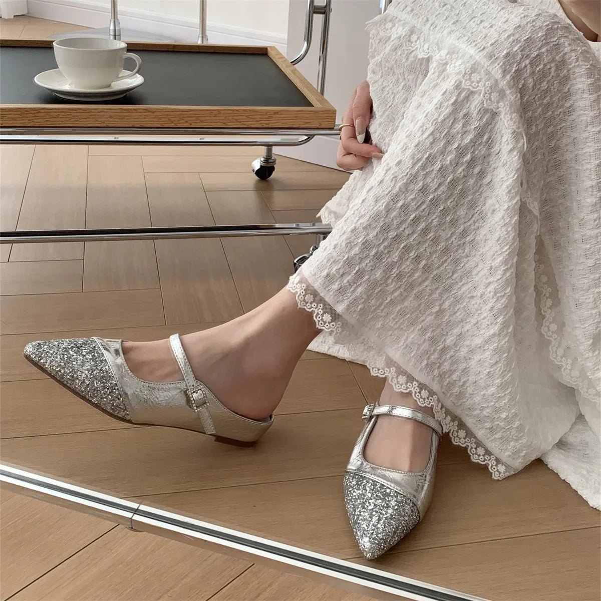 Shoes Woman's Slippers Pointed Toe Slides Silver Cover Flat Scandals Bling Slippers Cover Toe S