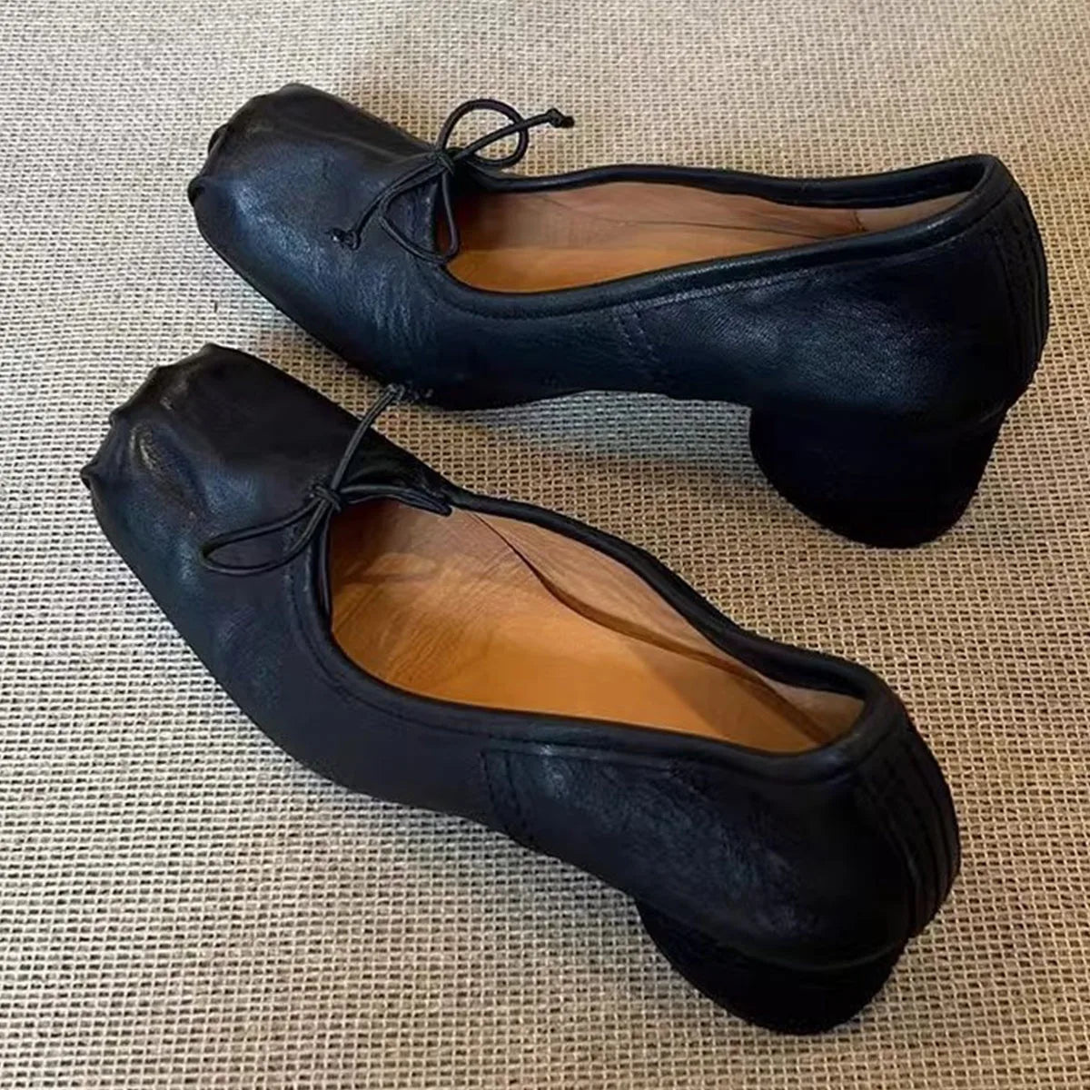 Square Toe wrinkled Mary Jane Shoes Soft Leather Round Heel Ballerina Shoes