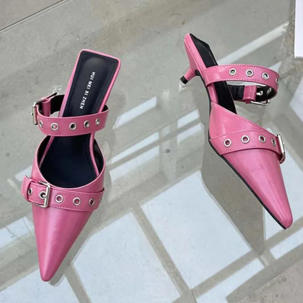 Pumps Belt Buckle Pointed Toe Black High Heel Mule Slides Half Slipper