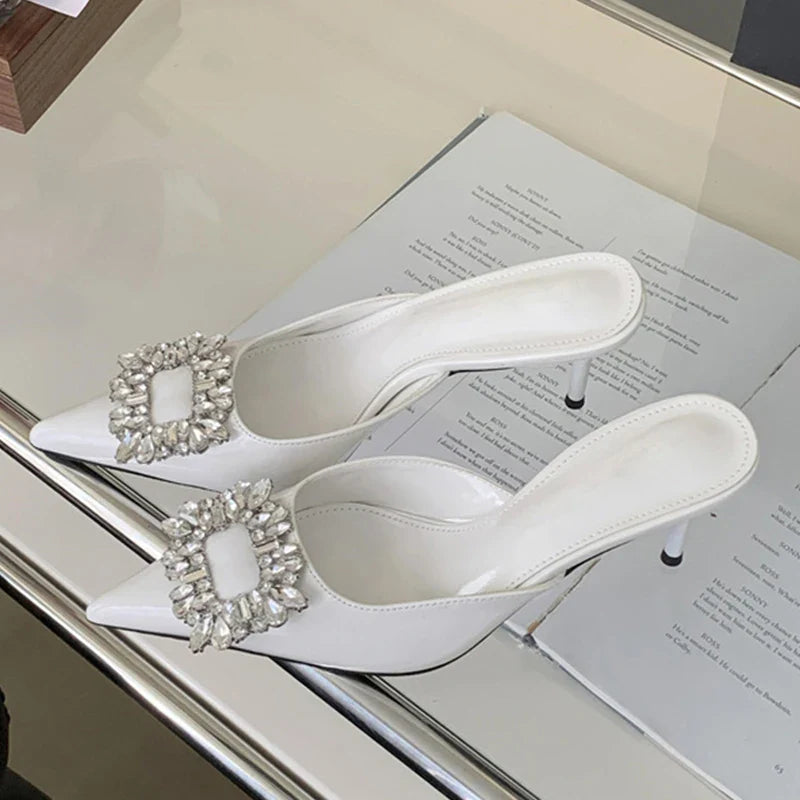 Crystal Thin Heels Mules Slippers Elegant Pointed Toe Banquet Party Prom Shoes