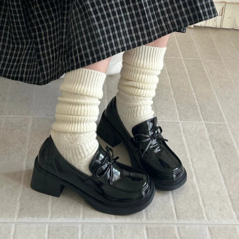 College Style Platform Loafers Shoes Shallow Slip On Shoes Elegant Thick Heel Leather Shoes