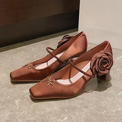 Novelty Side Flower Design Chunky Heel Pumps Elegant Bow Decoration Square Toe High Heels Black Mary Jane Shoes