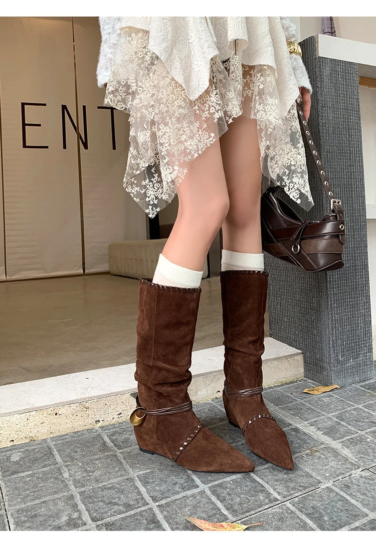 Mid Calf Boots Pointed Toe Flats Shoes Chelsea Boots Casual Walking Suede Zapatos Goth Mujer Botas