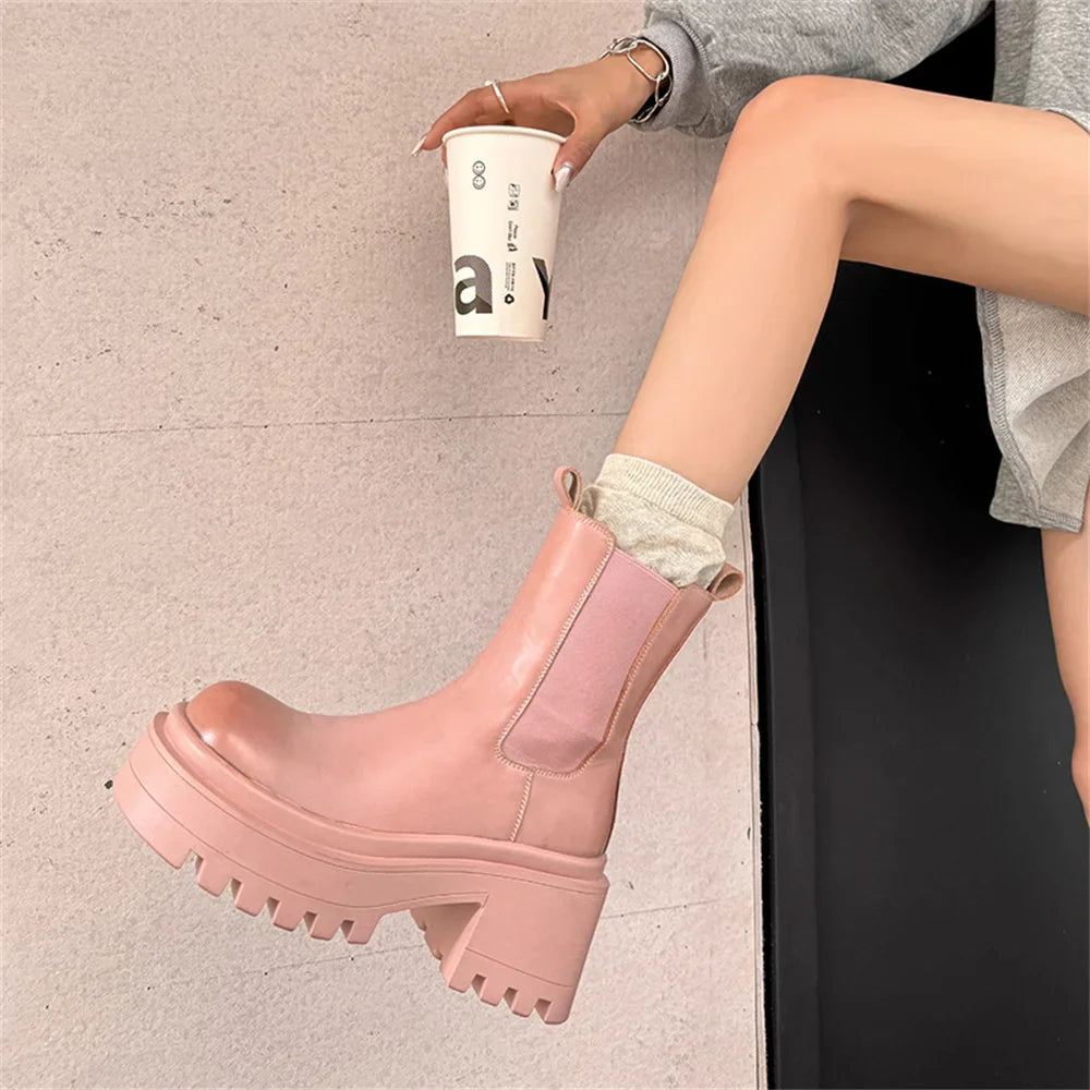 Platforms Ankle Boots Genuine Leather Thick Sole Ankle Punk Motorcycle Shoes Combat Booties