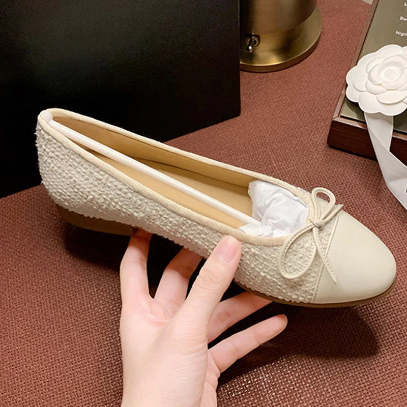 Mixed Color Silver Bowtie Ballets Round Toe Flats Office Slip On Loafers Tweed Cloth Ballerina Bridal Wedding Shoes