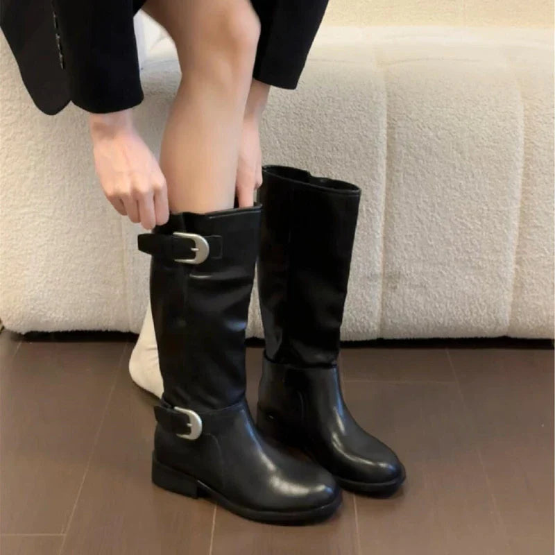 Belt Buckle Knight High Boots Thick Heel Shoes Vintage Slip On Slim Long Booties Zapatos De Muje
