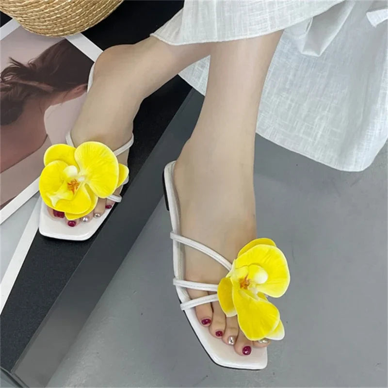 Flower Narrown Band Low Heels Slippers Square Toe Casual Beach Shoes Size 35-43
