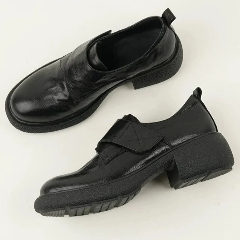Round Toe Chunky Heels Loafers Casual Elegant Leather Slip On Mid Heels Shoes