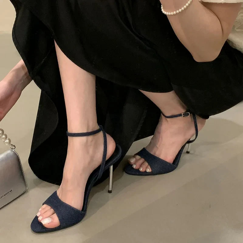 Ankle Buckle Super High Heels Sandals Shoes Round Toe Footwear Elegant Heeled Sandals