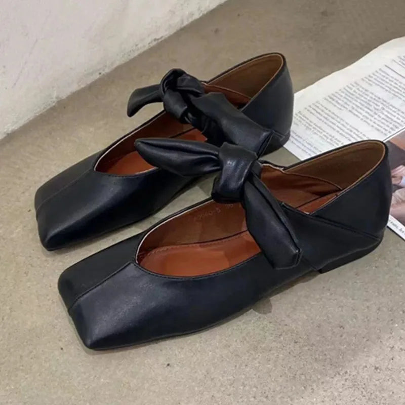 Square Toe Lace-up Shiny Mary Jane Flats Stylish French Flat Silver Shallow One-strap Shoes