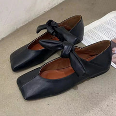 Square Toe Lace-up Shiny Mary Jane Flats Stylish French Flat Silver Shallow One-strap Shoes